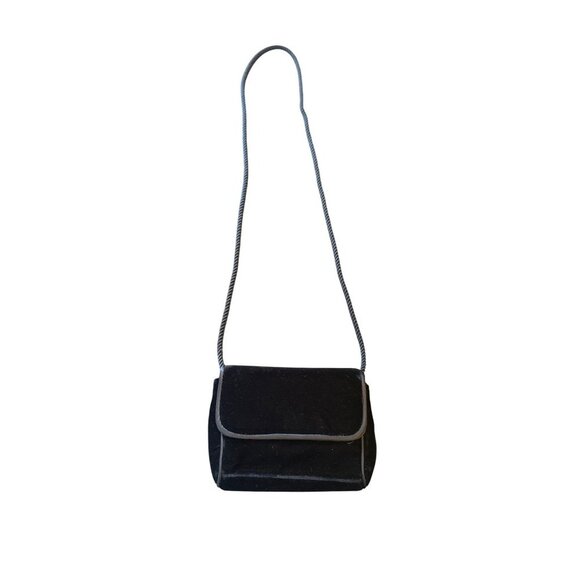 Jessica McClintock Black Velvet Mini Shoulder Bag With Snap Closure & Rope Strap - Picture 1 of 5